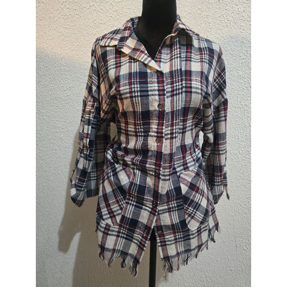 Vintage Mittoshop Plaid Fringe-Trimmed Lightweight Shirt Jacket western size - S